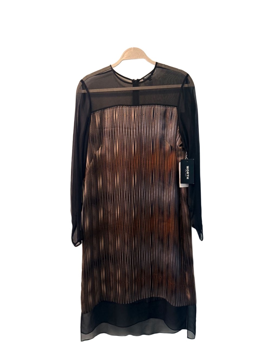 Worth Black Sheer Yoke Long Sleeve Dress with Brown Patterned Underlay